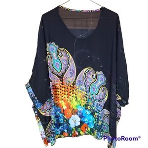 Bohemian Size 3X Sheer Black Colorful Floral Paisley Relaxed-Fit Caftan Blouse